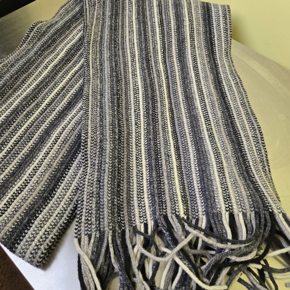 William Brunton Hand Knits Scotland 100% Pure Lambswool Gray/Black Striped Scarf